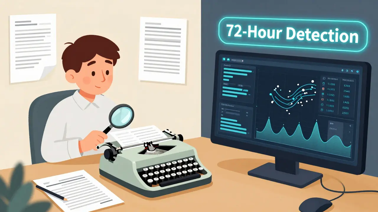 Comparaison entre un bureau traditionnel rempli de papiers et un tableau de bord numérique moderne pour la surveillance des médicaments.