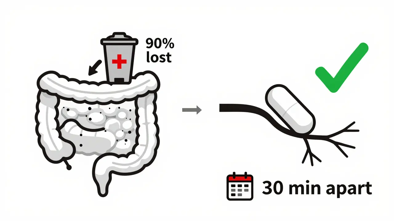 Comparaison visuelle : bisphosphonate bloqué par le calcium vs. bisphosphonate absorbé correctement après séparation temporelle.