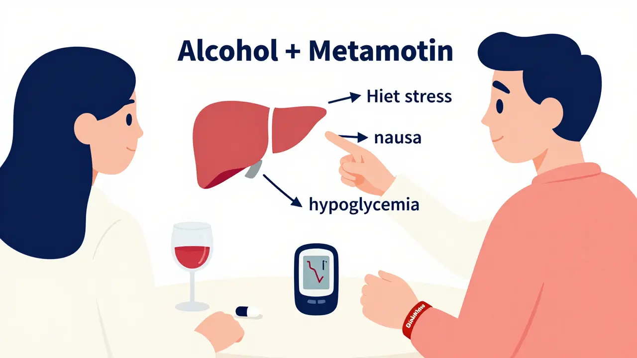 Consultation médicale montrant un patient et un médecin discutant des risques de l'alcool avec la méformine.