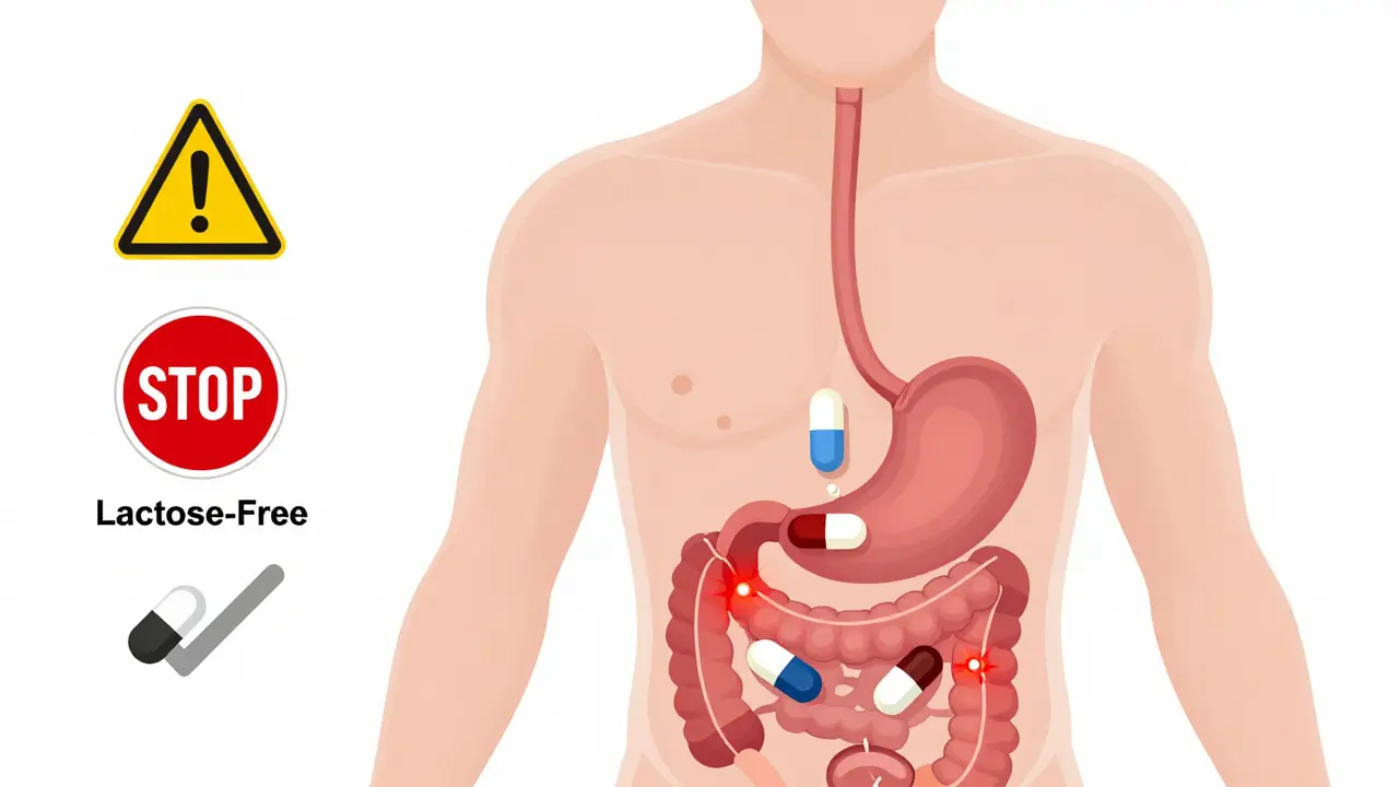 Corps humain transparent montrant les excipients déclenchant des réactions dans l'estomac, la peau et le sang.