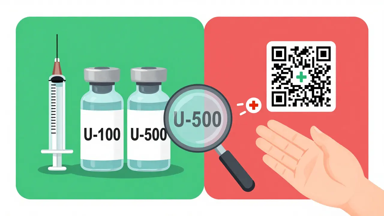 Deux flacons d'insuline étiquetés U-100 et U-500 avec un code QR et une seringue.