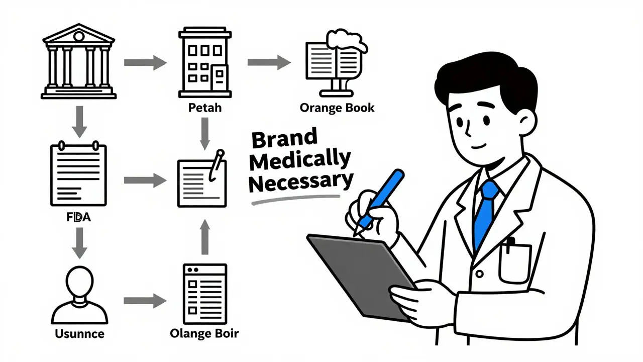 Doctor prescribing a branded drug with legal notation, surrounded by interconnected healthcare system elements.