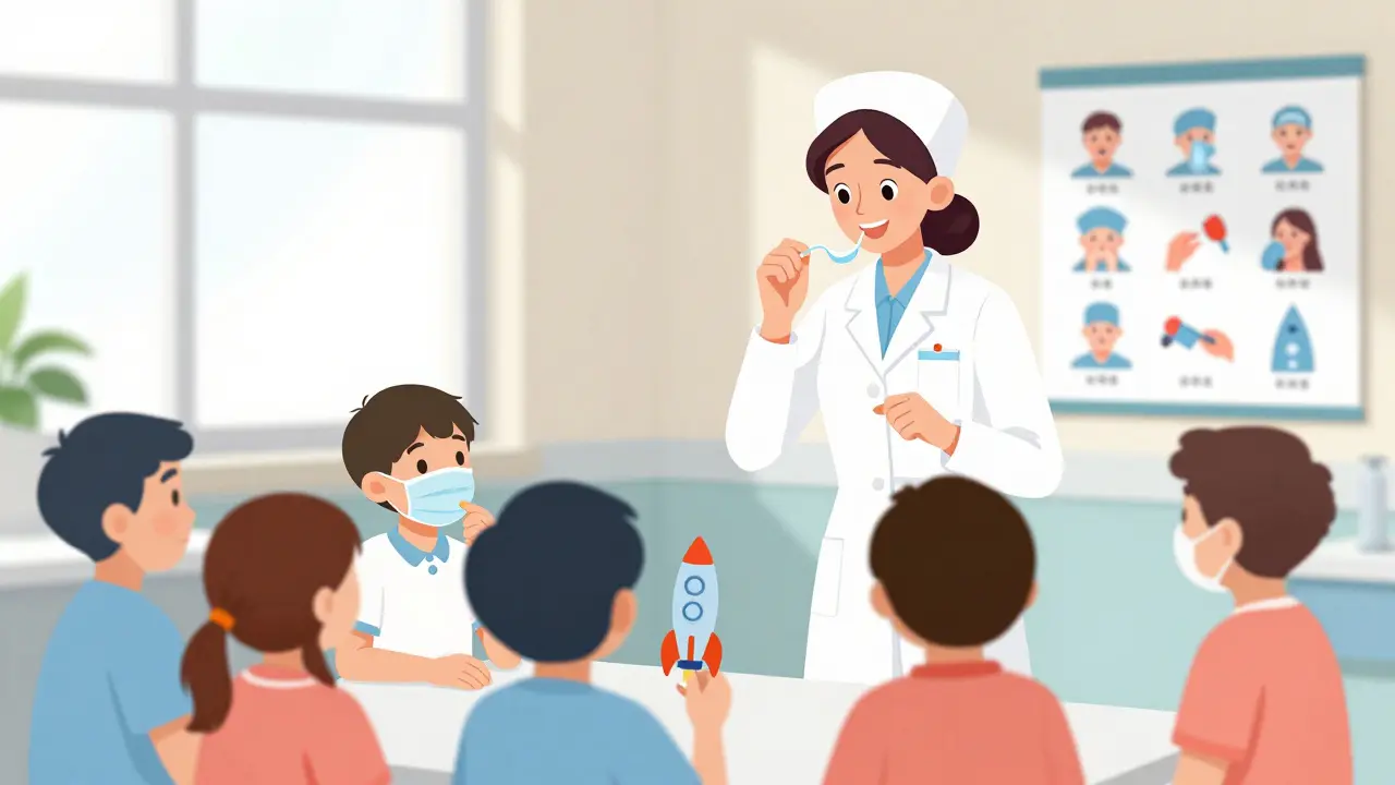 Infirmière scolaire enseigne l'utilisation du spacer à des enfants dans une infirmerie bien éclairée.