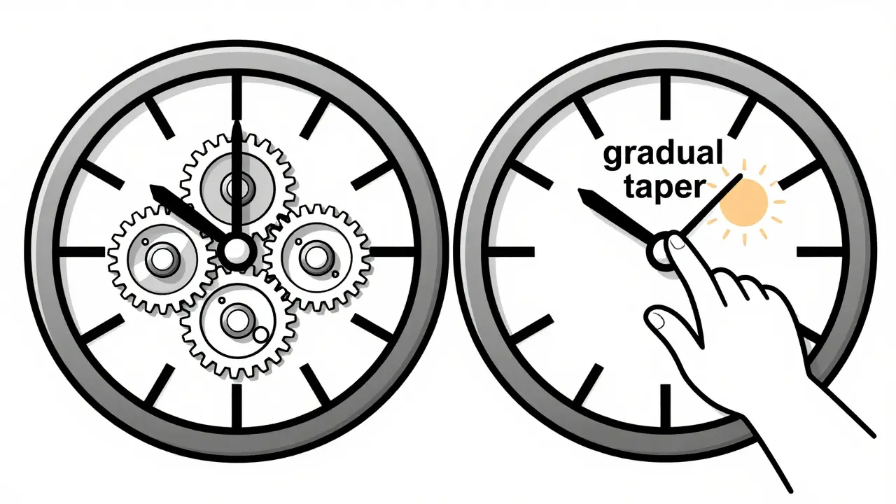 Mécanisme d'horloge réversible montrant la reprise du fonctionnement de l'axe HPA après réduction progressive des opioïdes.