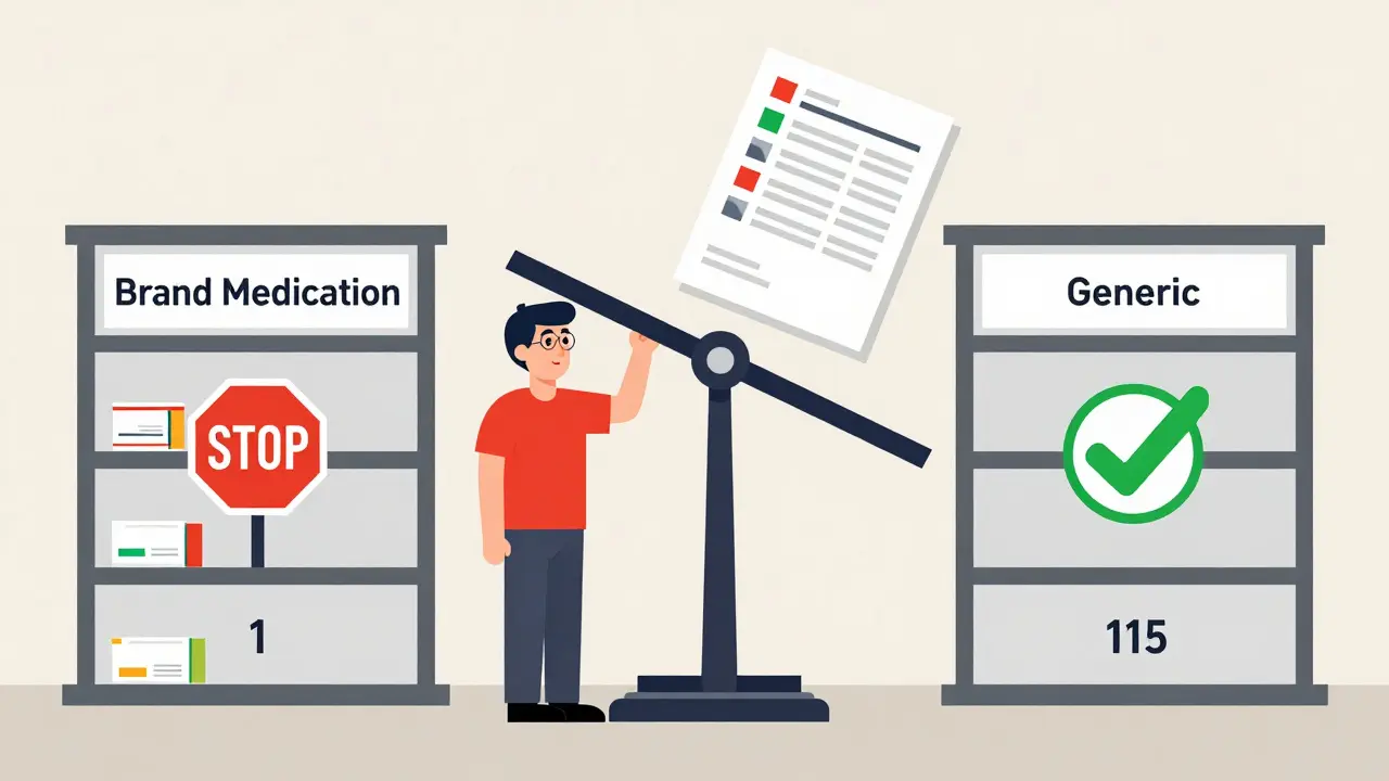 Patient caught between affordable generic drugs and expensive branded medications, with health data floating above.