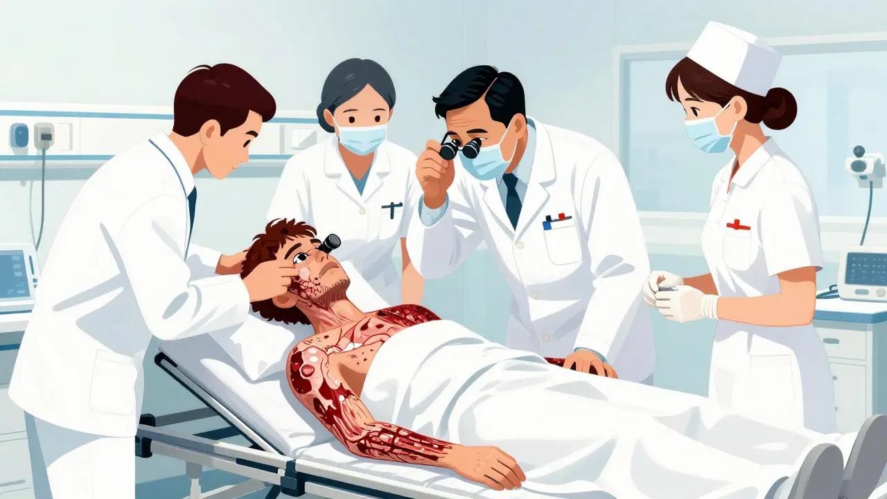 Patient dans une salle d'urgence, des professionnels de santé soignent des lésions cutanées étendues et une atteinte oculaire.