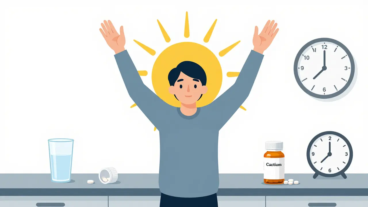 Patient debout le matin, prenant un bisphosphonate avec de l'eau, supplément de calcium plus tard dans la journée.