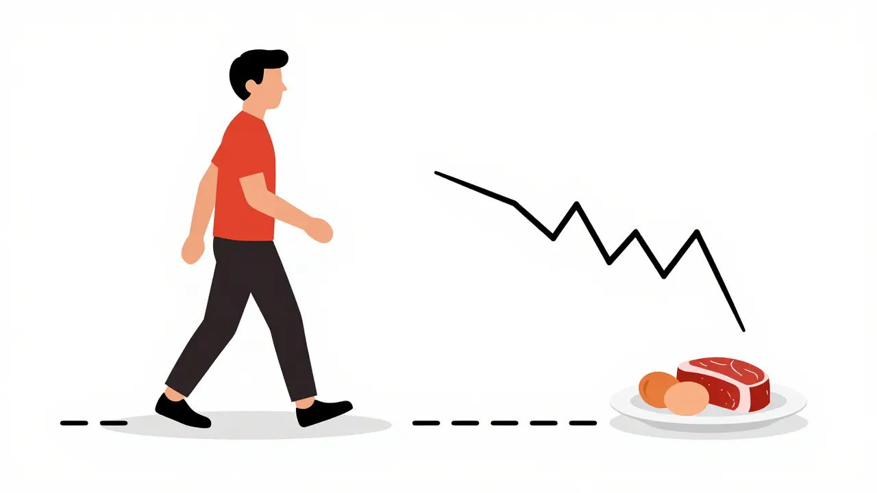 Personne avec fluctuations motrices après repas protéiné, illustration minimaliste.