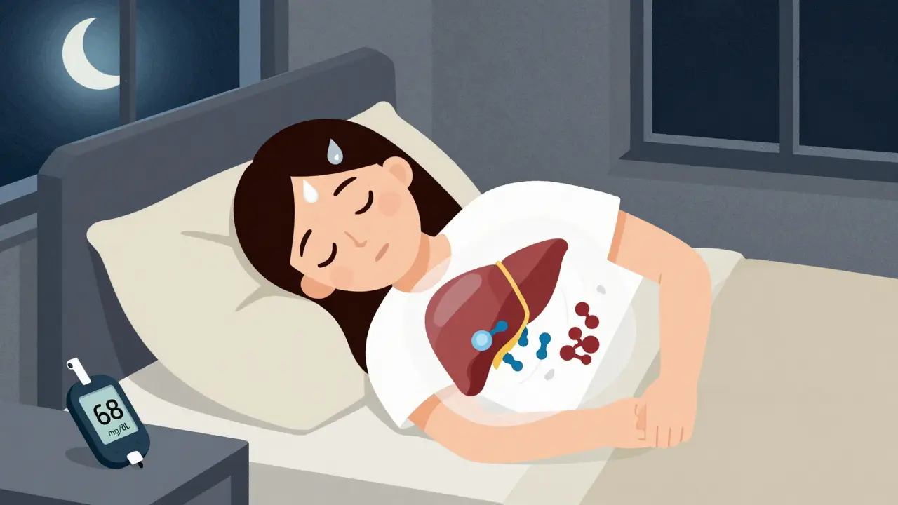 Personne endormie en pleine nuit avec des sueurs froides et un moniteur de glycémie indiquant un taux bas.