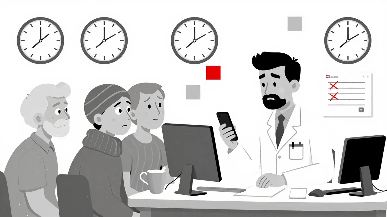 Pharmacien hospitalier face à des patients anxieux, entouré de protocoles et d'horloges.