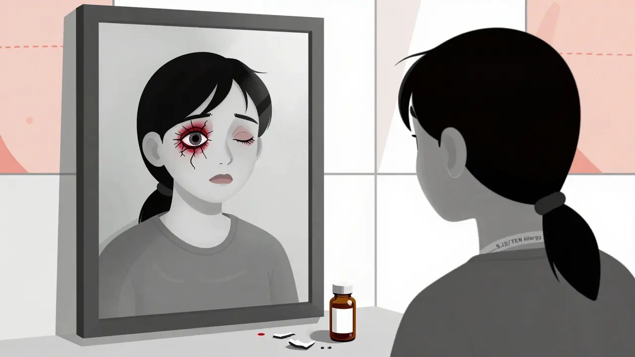 Reflet dans un miroir montrant des séquelles oculaires graves après un SJS, avec un bracelet d'alerte médicale à côté.