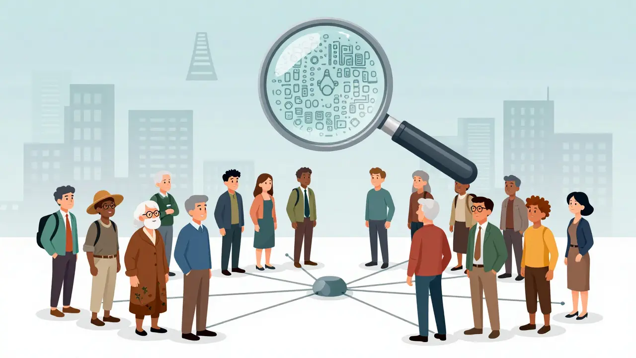 Un nœud d'IA connecté à des personnes diverses, avec certains liens affaiblis, soulignant les biais dans les données de santé.