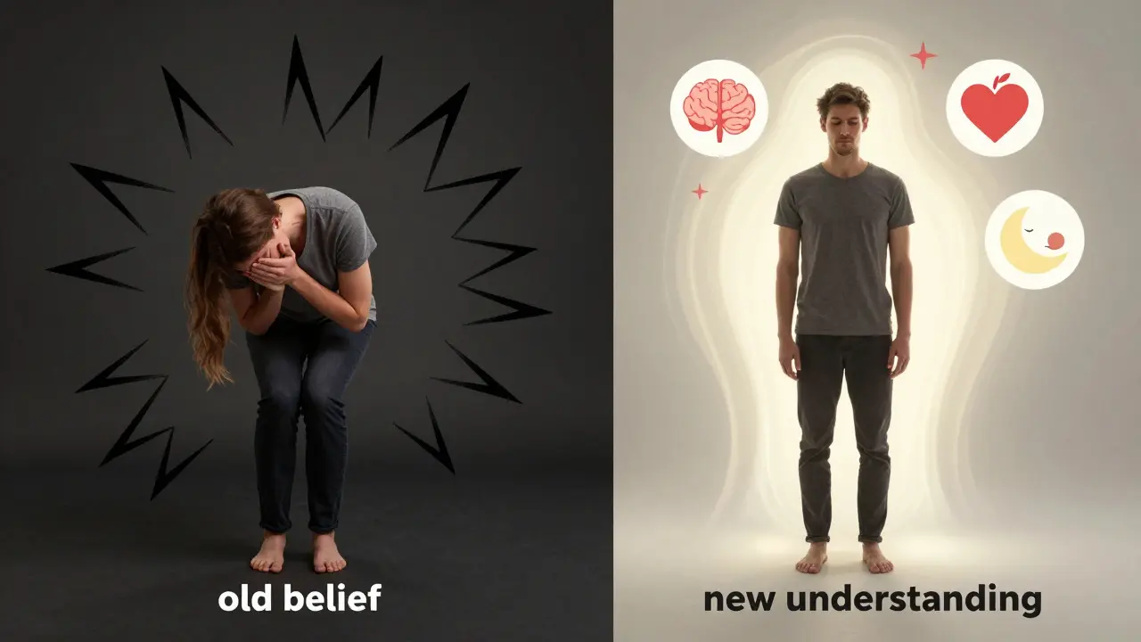 Un personnage passé de la douleur sombre et chaotique à une posture apaisée, entouré d'icônes symbolisant la neuroplasticité, dans un style graphique suisse minimaliste.