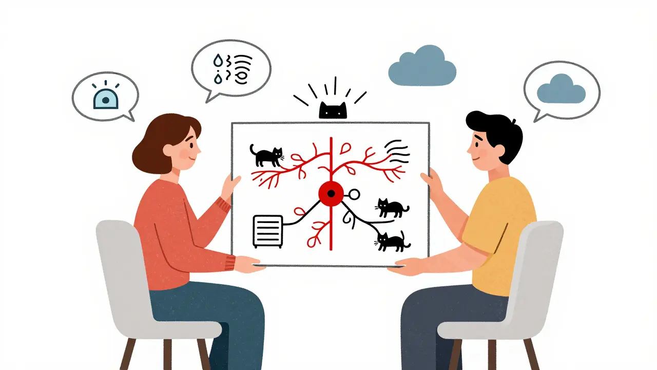 Un thérapeute et un patient examinent ensemble un schéma simplifié du système nerveux comparé à une alarme domestique, dans un style graphique épuré.