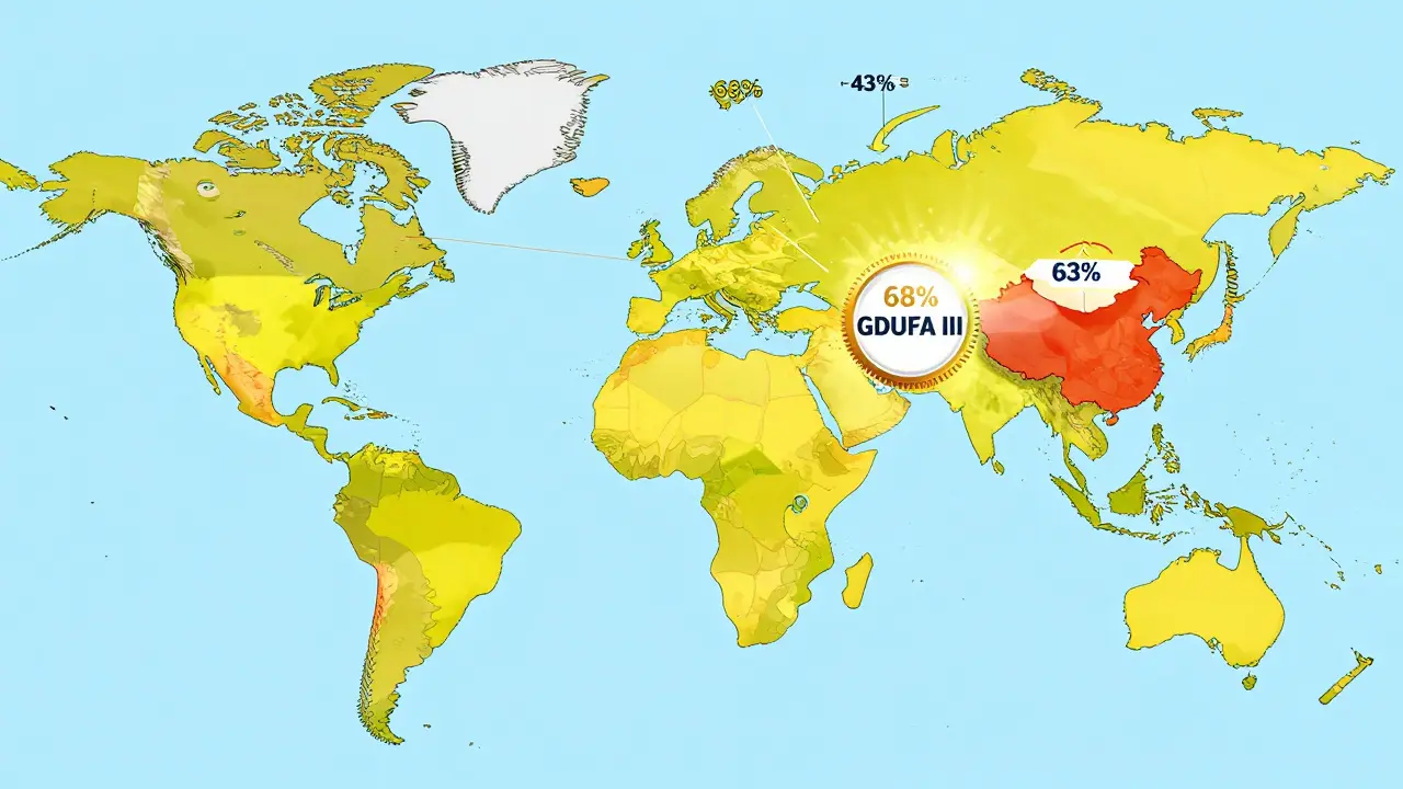 Carte mondiale simplifiée montrant les usines de fabrication en Inde et en Chine, reliées aux États-Unis, avec un badge d'inspection en évidence.