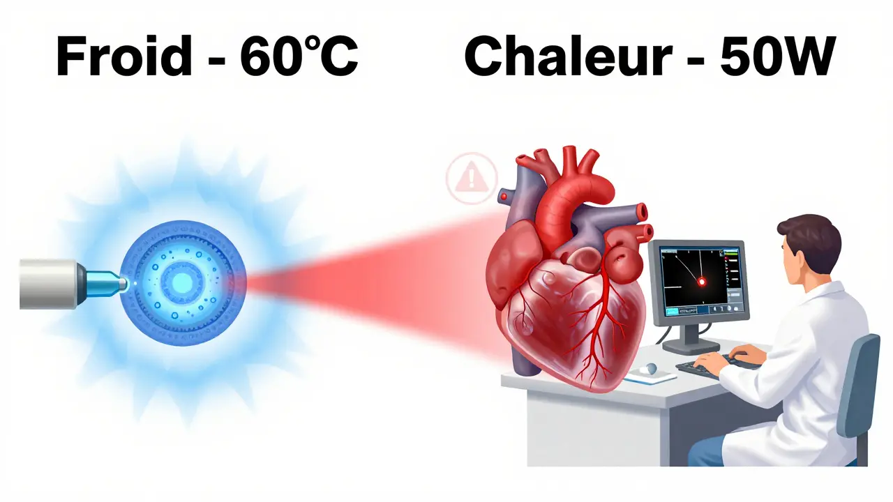 Comparaison visuelle de l'ablation par froid et par chaleur dans un cœur transparent.