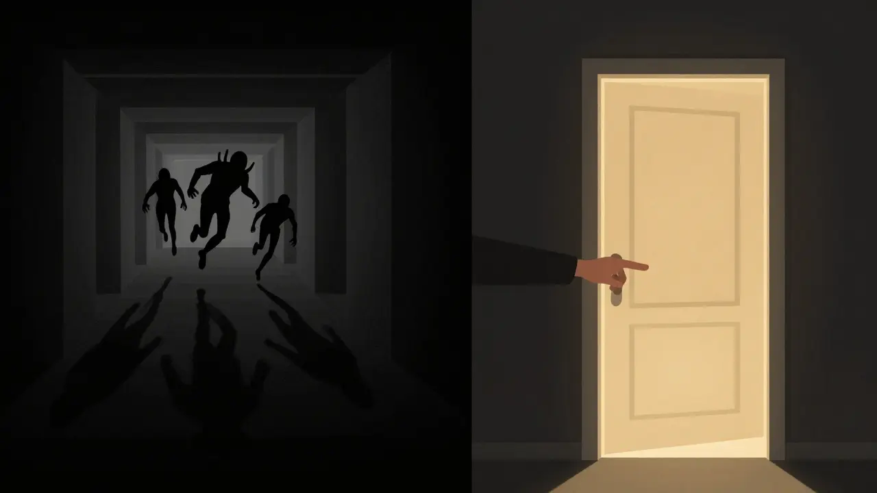 Comparaison visuelle entre un cauchemar effrayant et sa version modifiée avec une porte lumineuse.