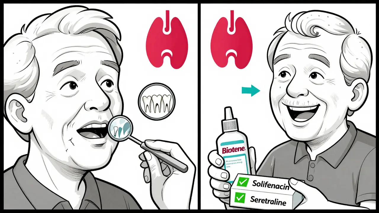 Deux patients âgés comparés : l'un avec des caries, l'autre avec un rinçage hydratant, en style suisse.