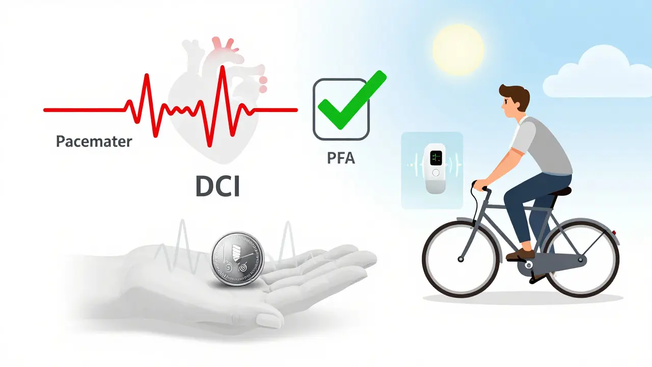 Dispositif implantable petit et léger avec patient actif et technologie PFA en arrière-plan.