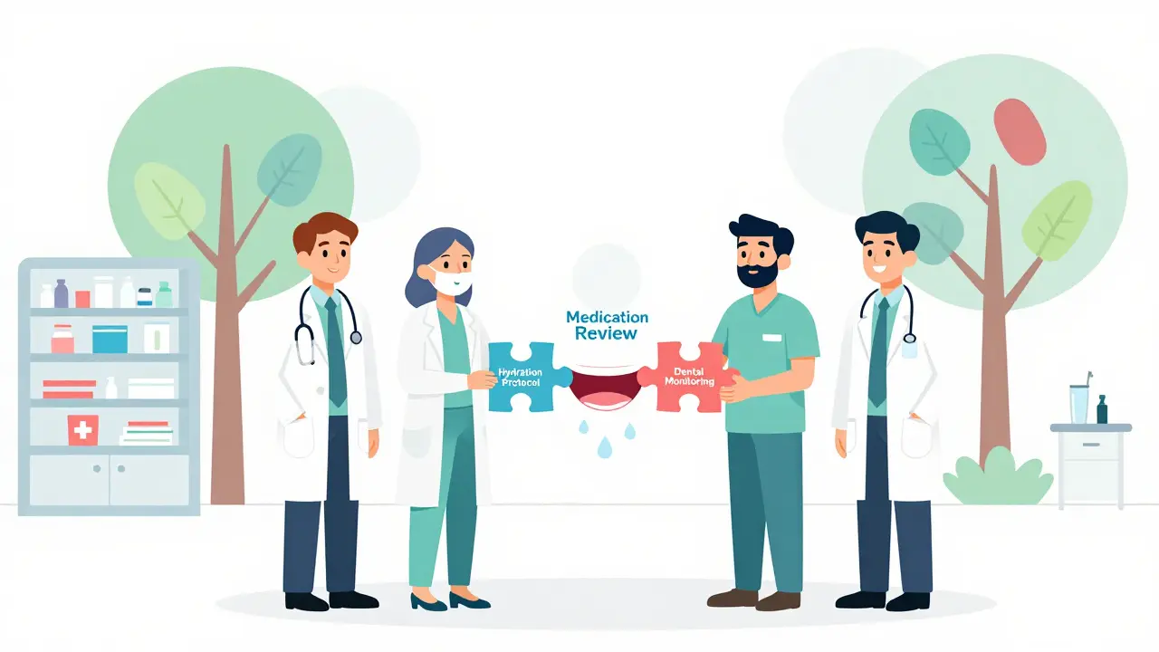 Équipe médicale assemblant des pièces pour traiter la bouche sèche, illustration géométrique minimaliste.