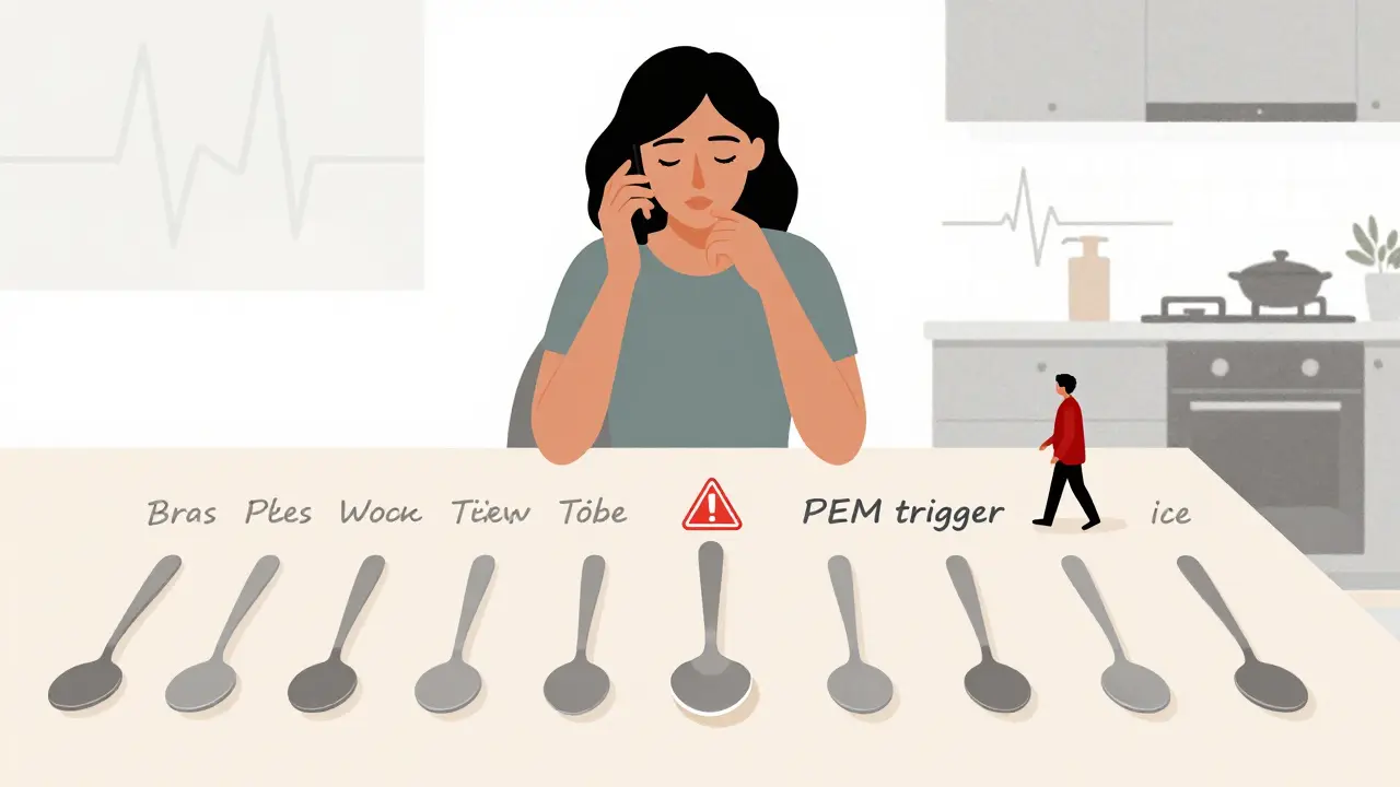 Femme utilisant la méthode des cuillères pour gérer son énergie quotidienne, avec des tâches et un symbole d'avertissement PEM.