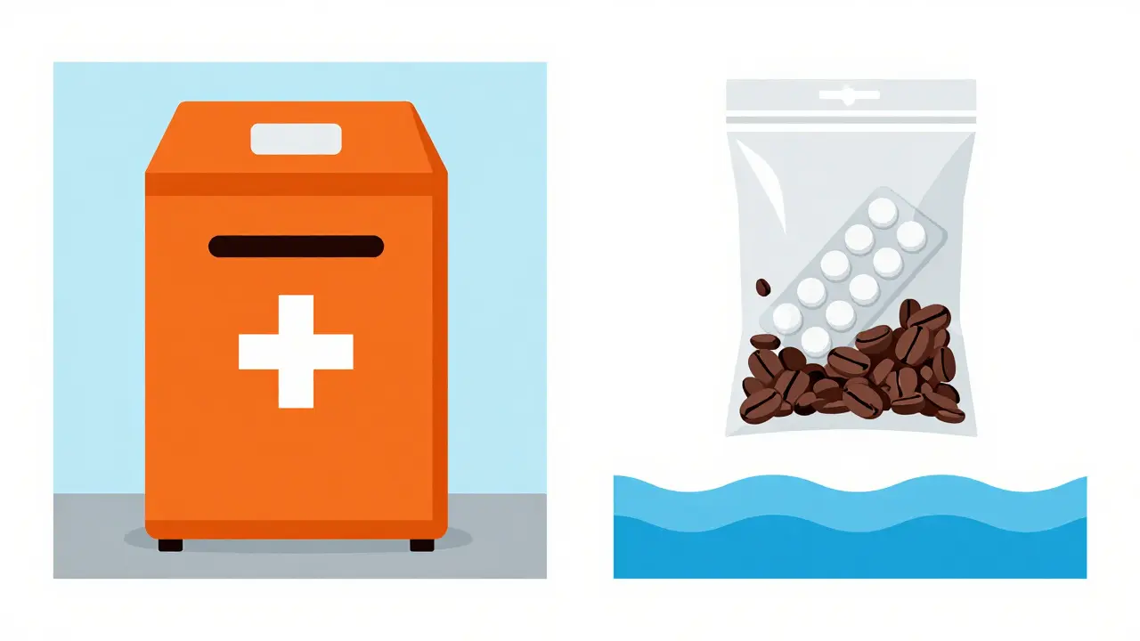 Mélange de pilules avec du café et une boîte de retour dans une pharmacie.