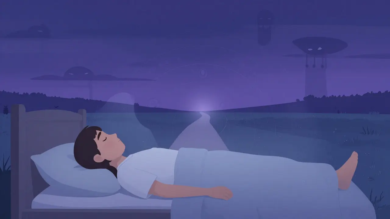 Personne endormie avec une scène de rêve apaisante flottant au-dessus d'elle, les cauchemars disparaissant.