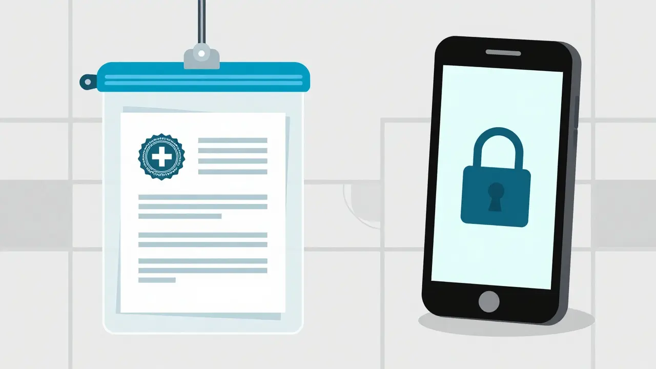 Pochette de sécurité imperméable contenant des documents médicaux chiffrés numériquement.