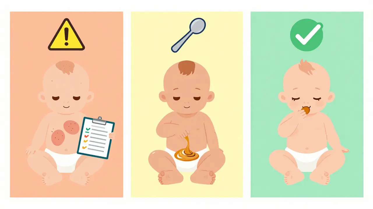 Trois bébés représentés selon leur niveau de risque d'allergie, avec des icônes visuelles claires.