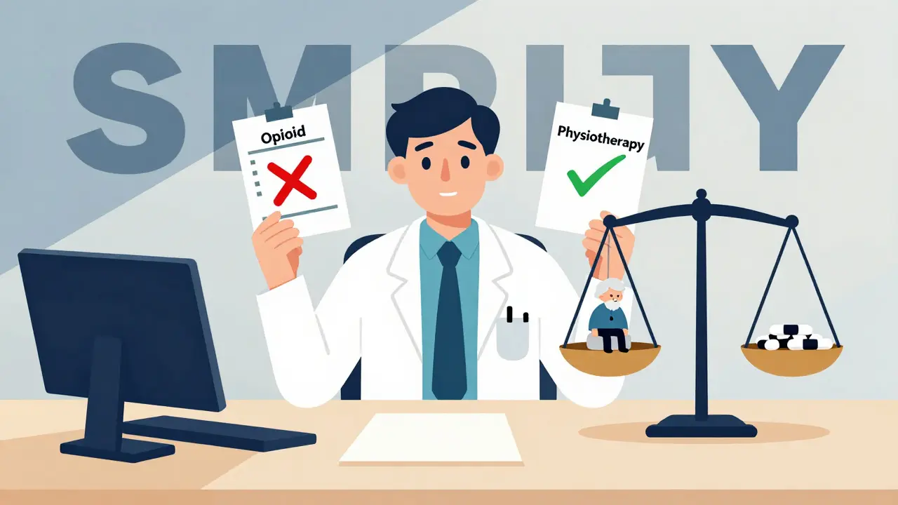 Un médecin compare une ordonnance d'opioïdes à des alternatives sûres.