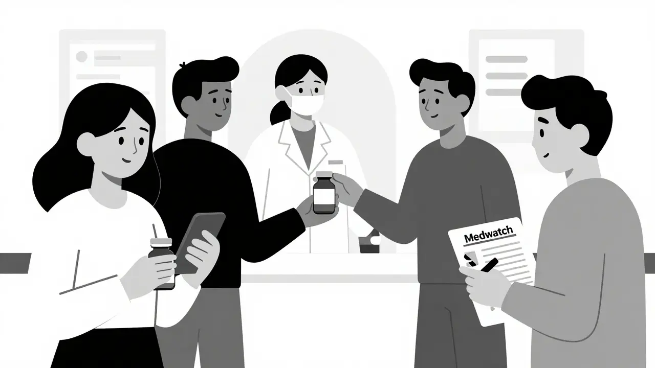 Un patient vérifie un lot, un pharmacien reçoit un médicament rappelé, et une personne signale un effet indésirable, dans un style géométrique minimaliste.