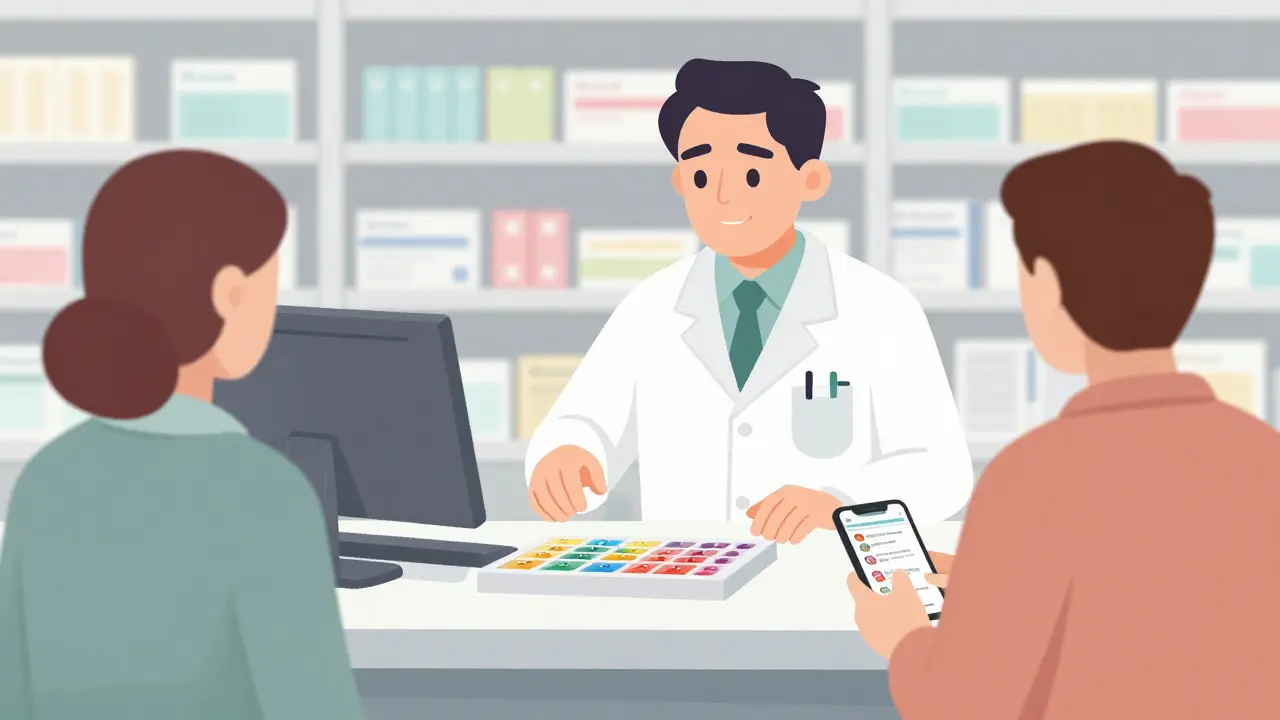 Un pharmacien guide un client malvoyant à l'aide d'un organiseur de médicaments tactile et d'une application vocale sur un téléphone.