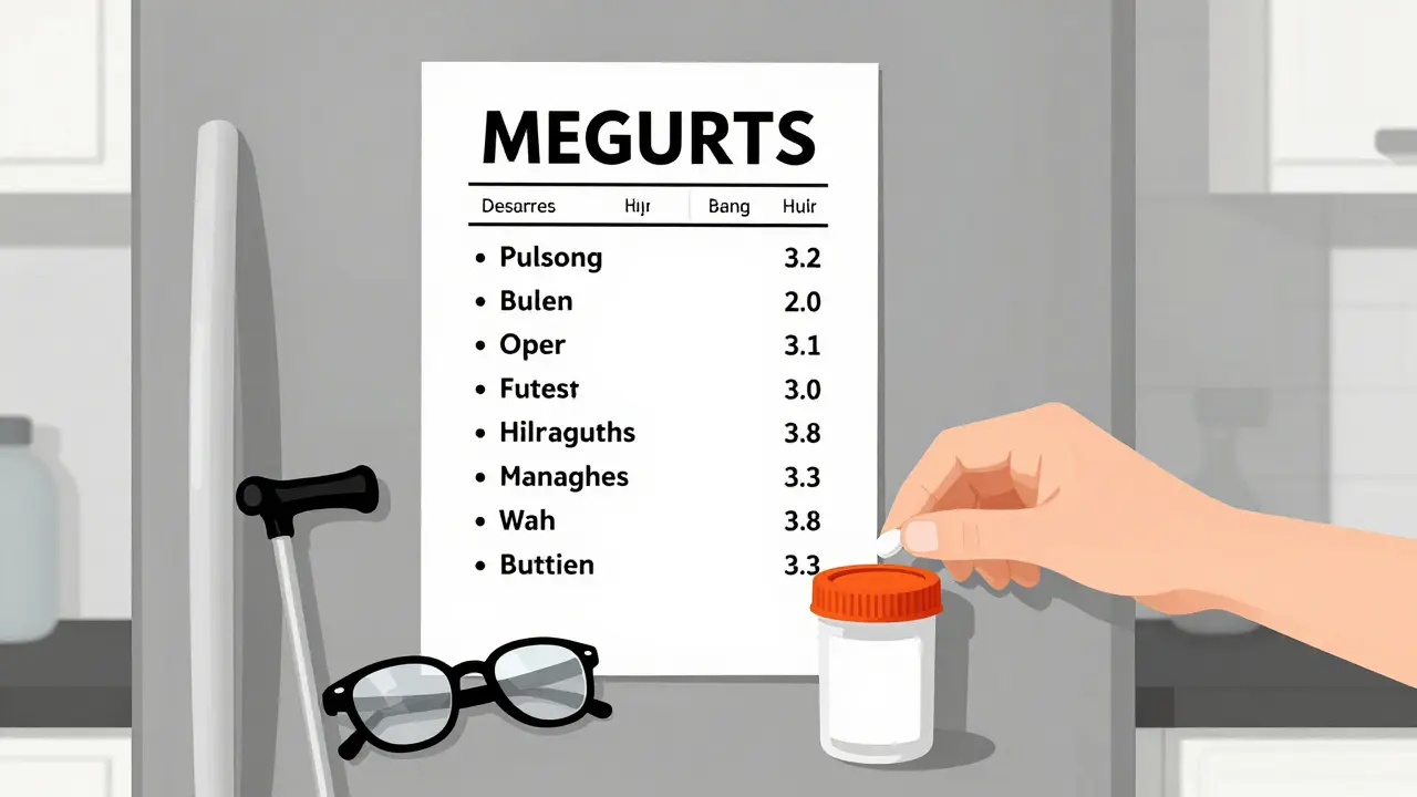 Une fiche récapitulative en gros caractères est affichée au réfrigérateur, avec des comprimés triés dans des conteneurs colorés pour faciliter la prise quotidienne.