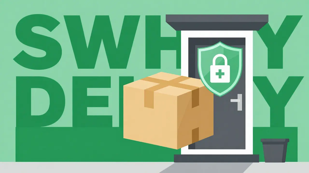 Colis de médicaments livré à domicile avec un symbole de sécurité numérique.