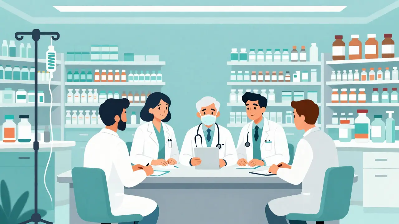 Comité d'experts hospitaliers analysant des protocoles de médicaments.