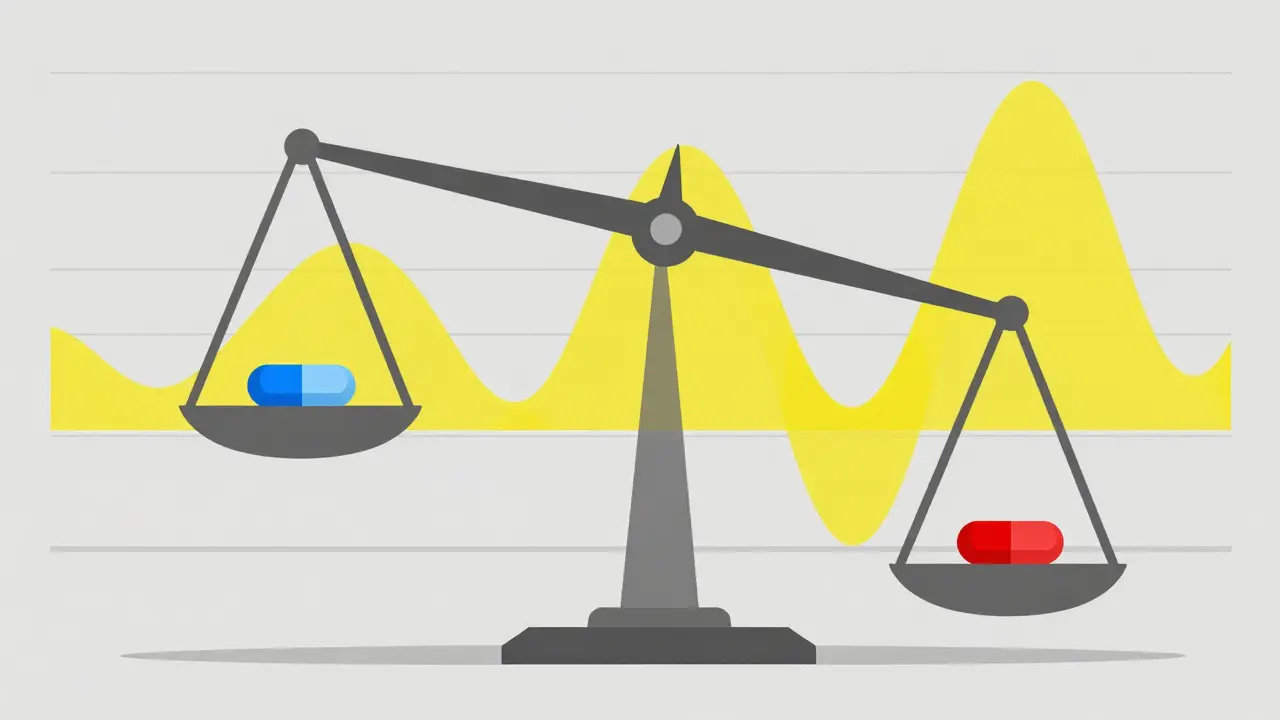 Dessin stylisé d'une balance et d'une courbe de concentration illustrant l'index thérapeutique étroit.