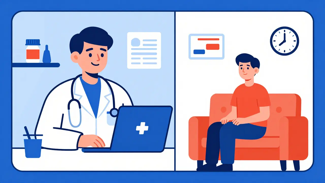 Illustration de style suisse montrant une consultation médicale en télémédecine sur écran divisé.