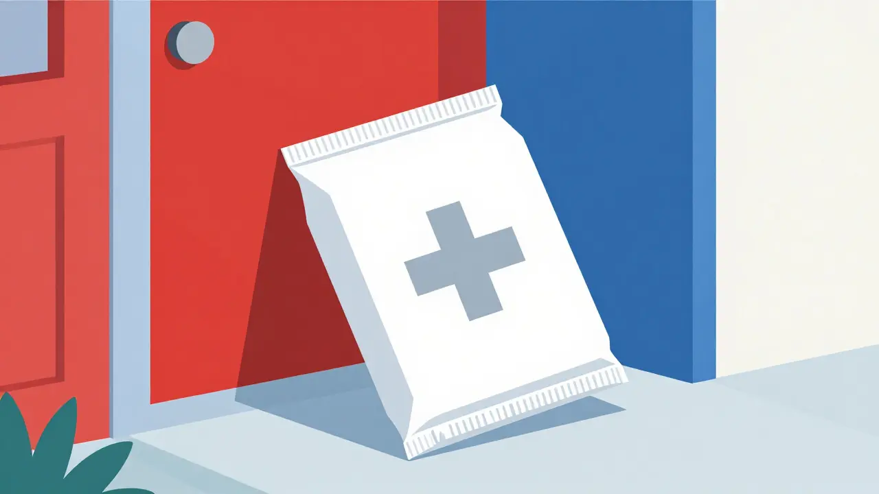 Illustration graphique d'un colis de médicaments livré à domicile dans un style moderne et épuré.