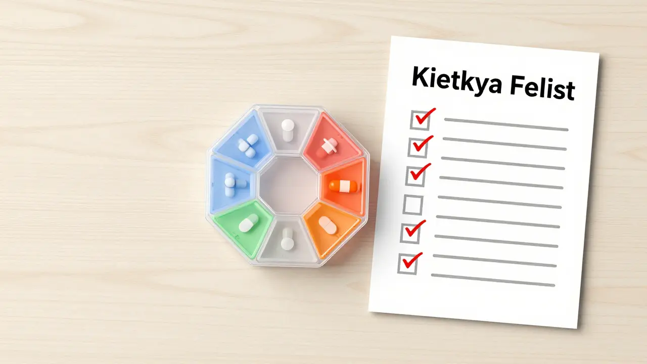 Pilulier hebdomadaire et liste de suivi organisés sur une table.