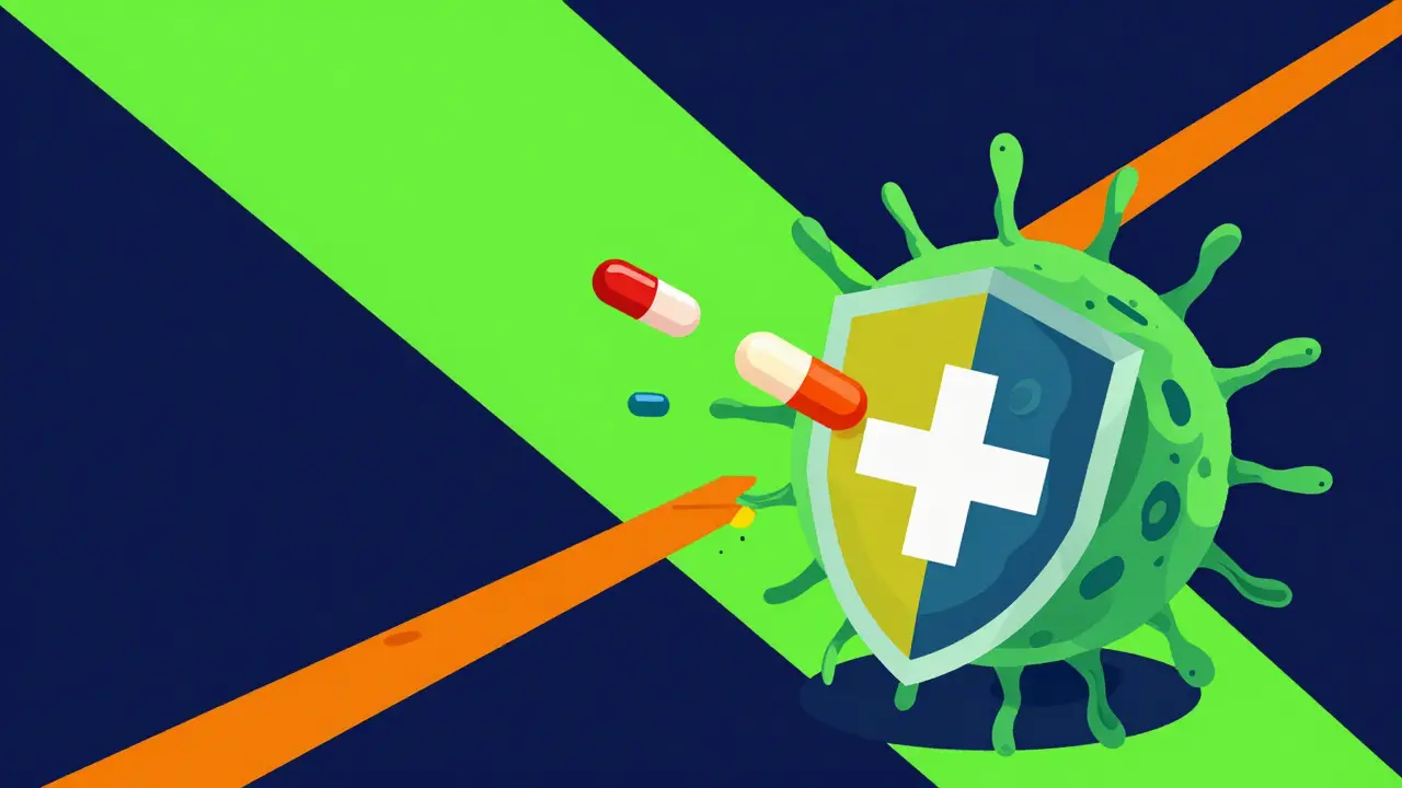 Représentation graphique d'une bactérie résistante aux antibiotiques avec un bouclier géométrique.