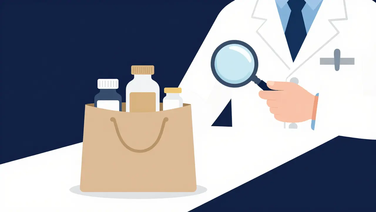 Sac brun contenant des médicaments pour une revue avec un pharmacien.