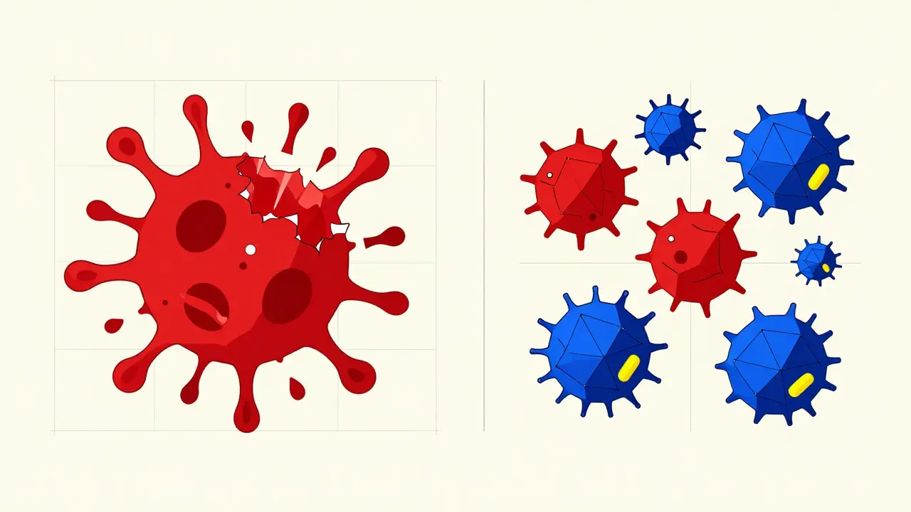 Schéma abstrait illustrant les actions bactéricide et bactériostatique des antibiotiques.