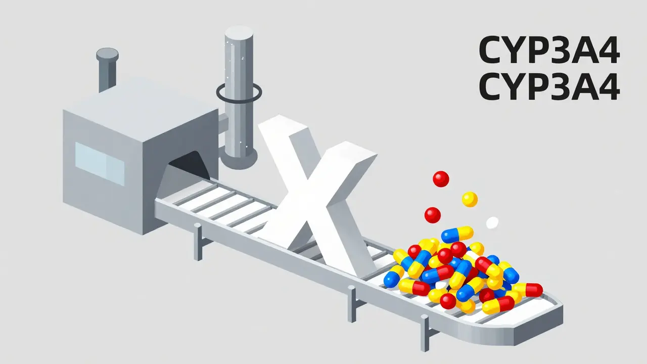 Schéma stylisé d'une usine représentant le blocage d'une enzyme hépatique.