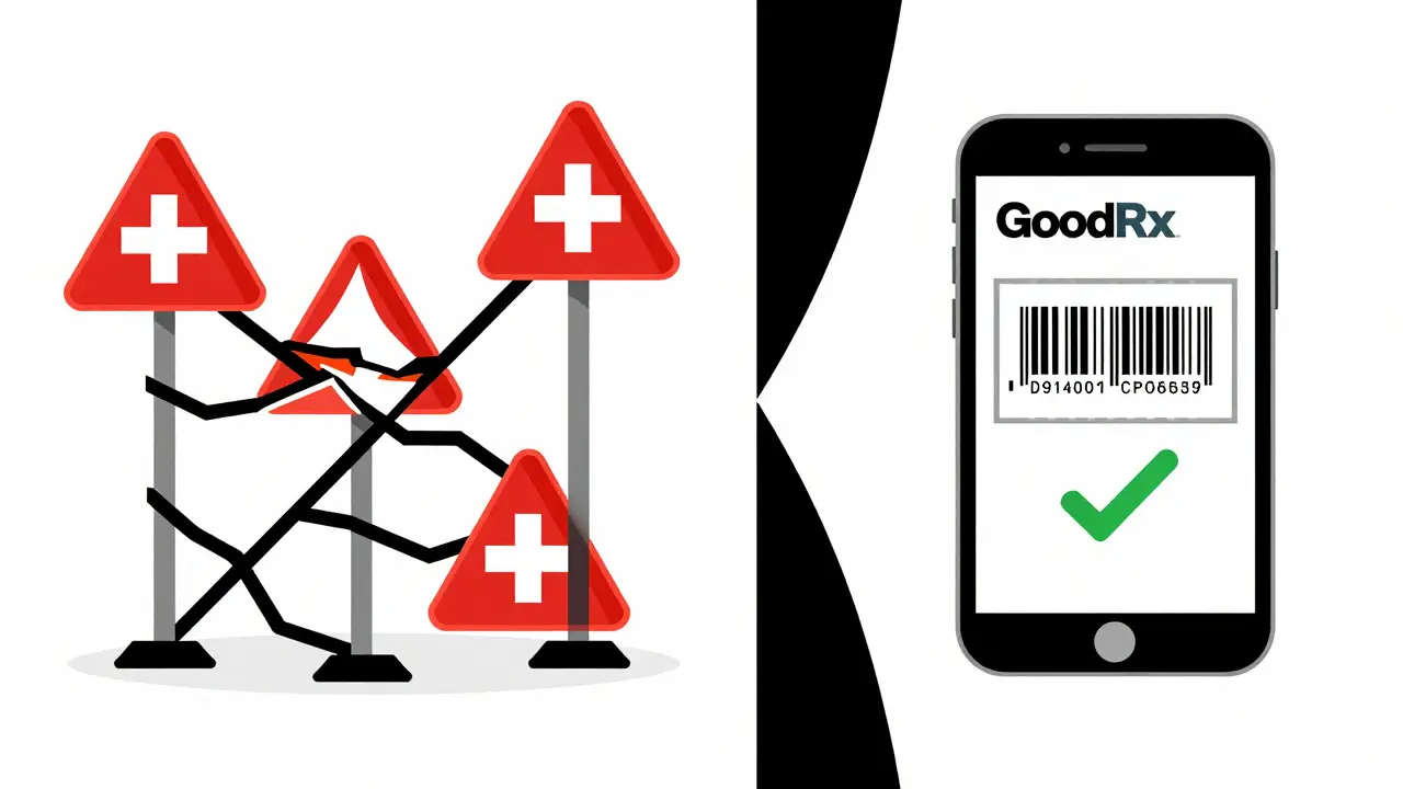 Comparaison graphique entre une pharmacie en ligne risquée et un bon de réduction sécurisé