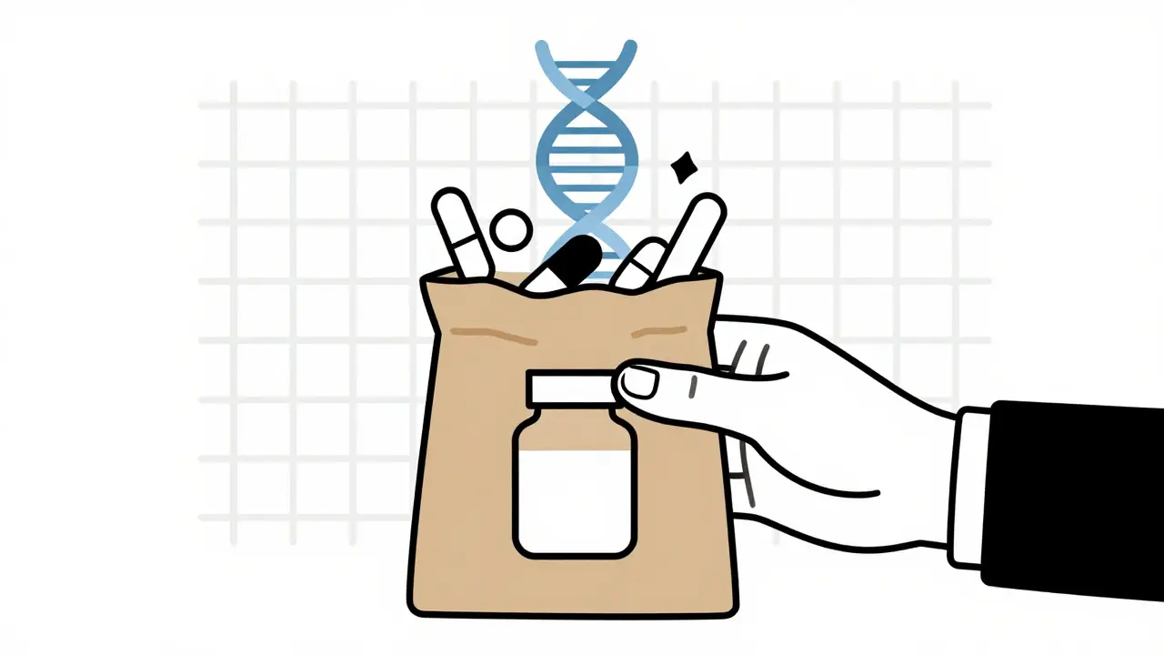 Main tenant un sac de médicaments avec des symboles d'ADN pour la prévention des interactions.