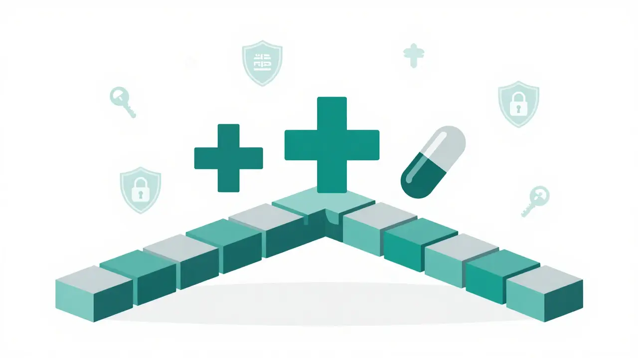 Pont numérique sécurisé reliant les symboles médical et pharmaceutique