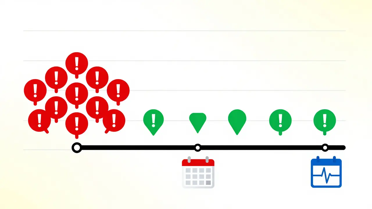 Représentation visuelle de l'évolution du risque de saignement sur une ligne temporelle.