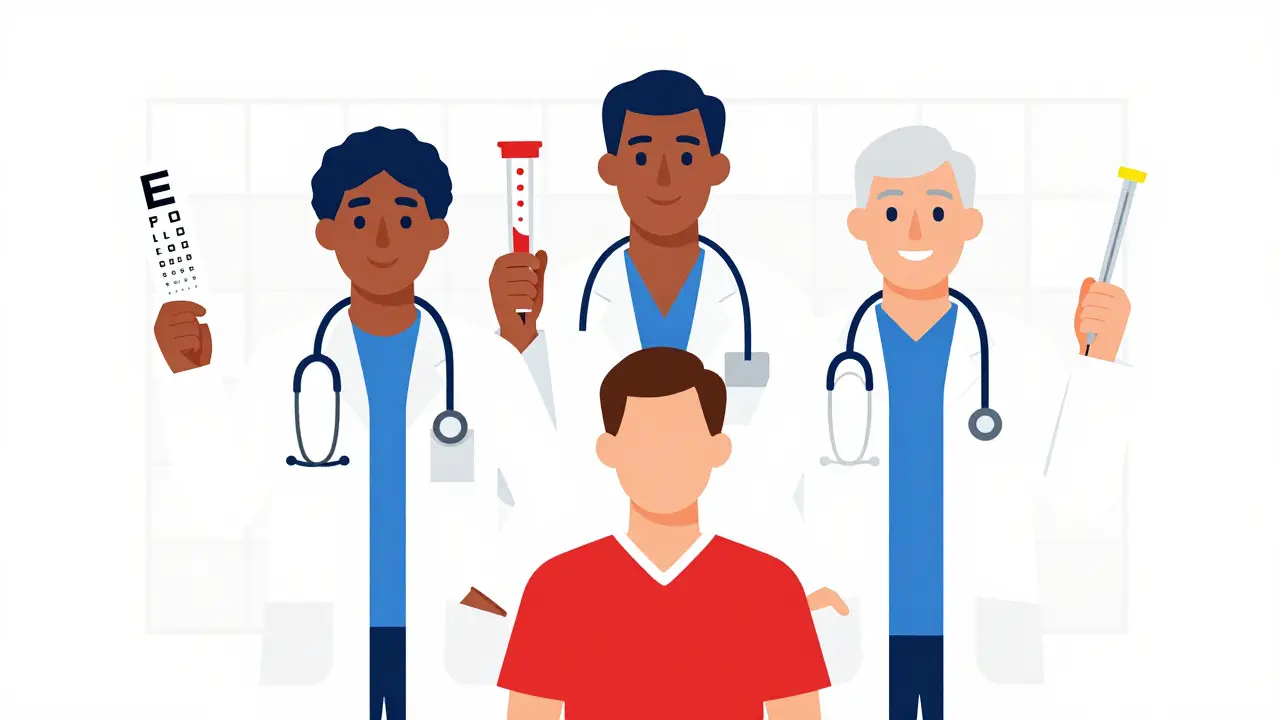 Équipe médicale multidisciplinaire collaborant pour le diagnostic et le traitement.