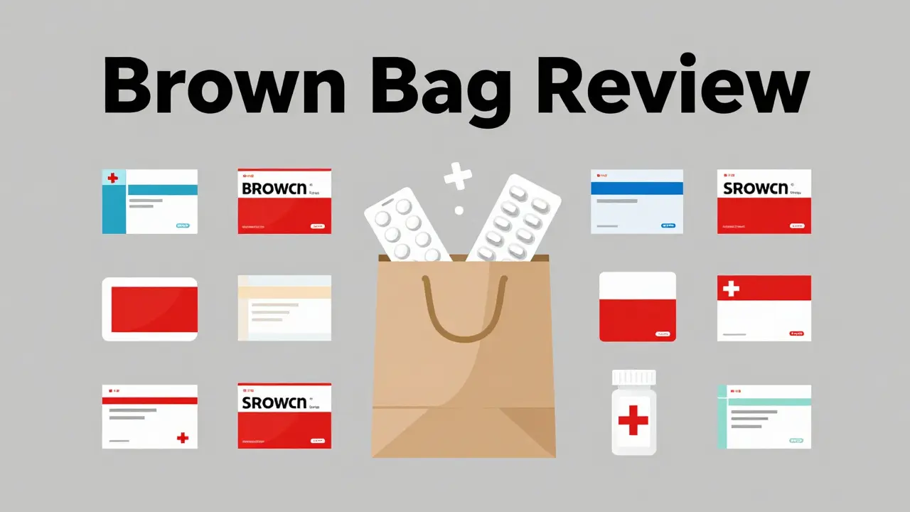 Sac brun déversant des boîtes de médicaments selon un style graphique suisse