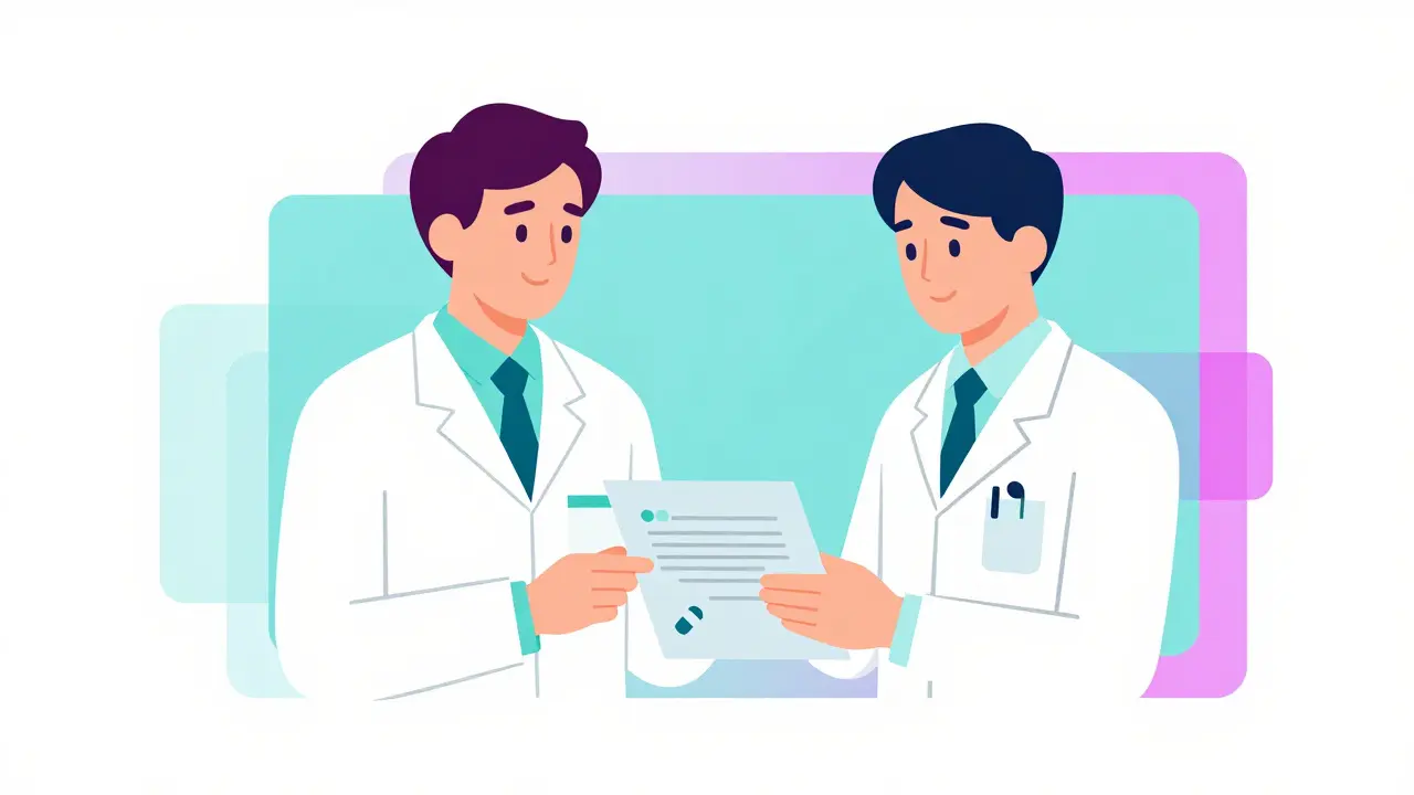Schéma graphique abstrait montrant la collaboration entre médecin et pharmacien